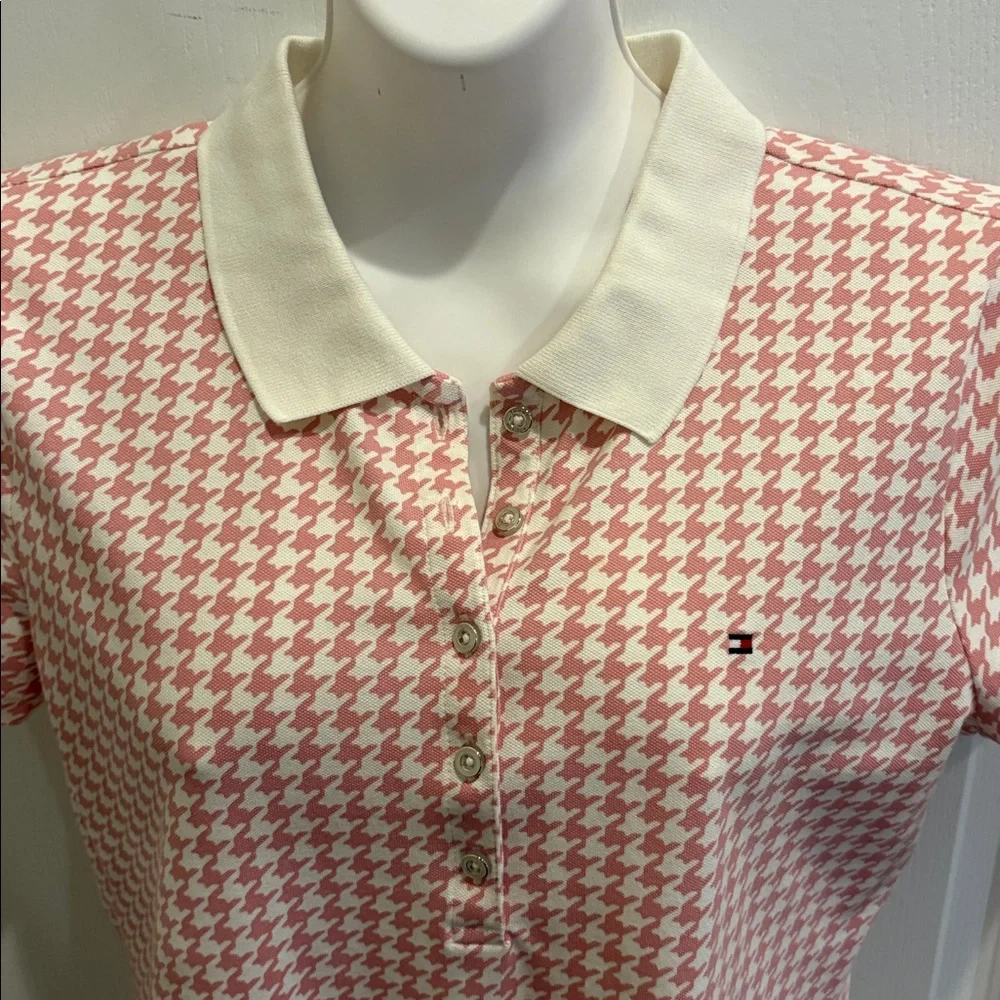 Tommy Hilfiger Pink & Cream Houndstooth Print Collared Top Size M - Picture 2 of 6